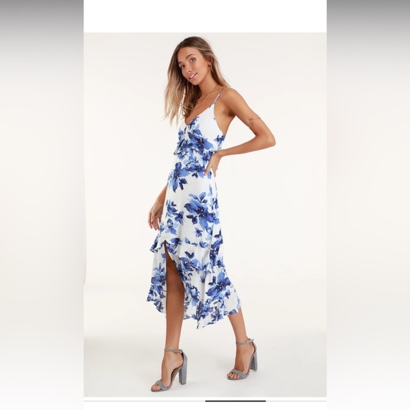 Lulus Dresses & Skirts - Island Time Blue and White Floral Print Ruffled Midi Dress by LULU's